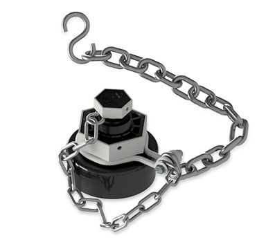 4-Inch Nylon Bottom Outlet Cap with White FDA Nitrile Gasket and Carbon Steel Chain